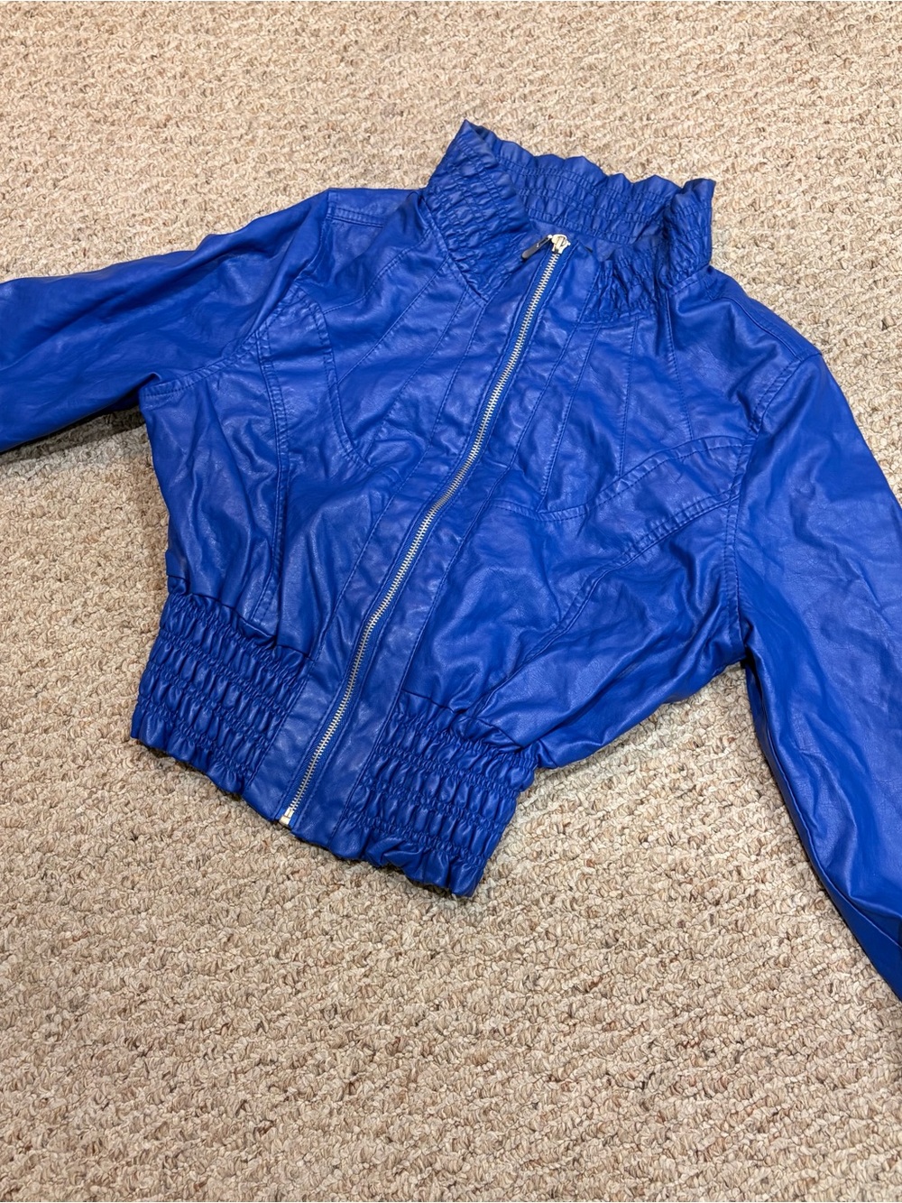 Women’s Dots Royal Blue Faux Leather Cropped Bomber Jacket Size L